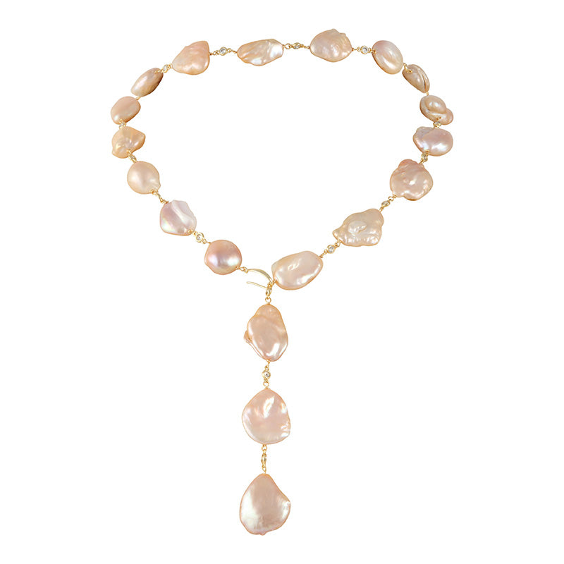 STONE PEARL & CRYSTAL LARIAT (PINK ON GOLD)