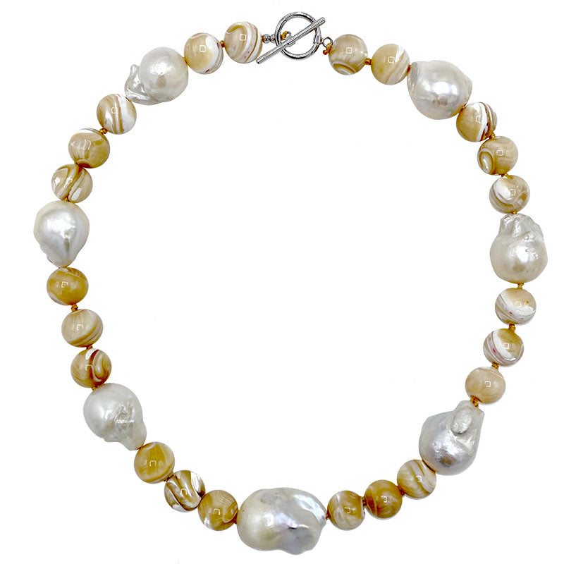 110-22 | TAN AGATE & WILD PEARL NECKLACE
