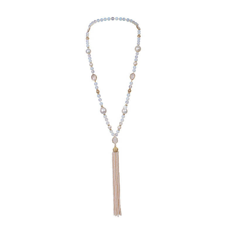 WHITE  CRYSTAL & PEARL TASSEL NECKLACE