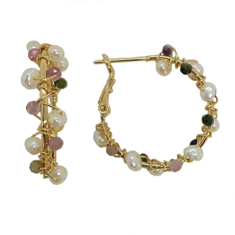 TOURMALINE & PEARL HOOPS ON GOLD