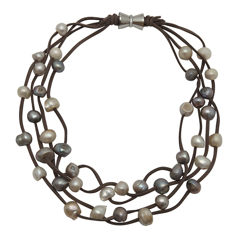 GRAY SUEDE 4-STRAND MULTI PEARL NECKLACE
