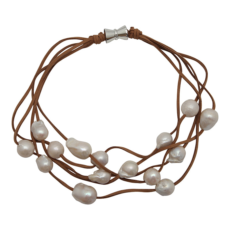 5-STRAND PEARLS ON SUEDE (WHITE ON TAN)