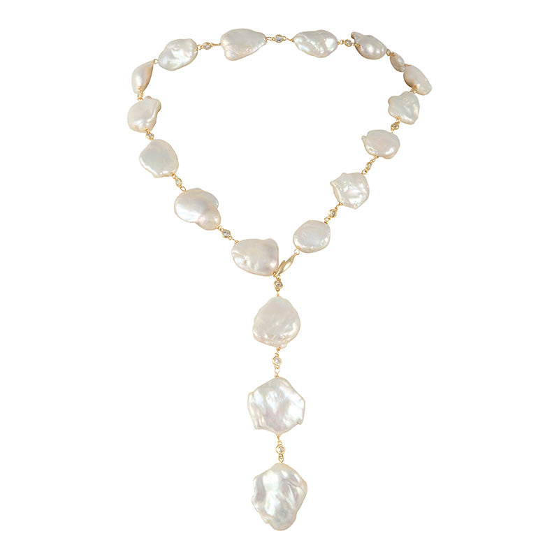 STONE PEARL & CRYSTAL LARIAT (WHITE ON GOLD)